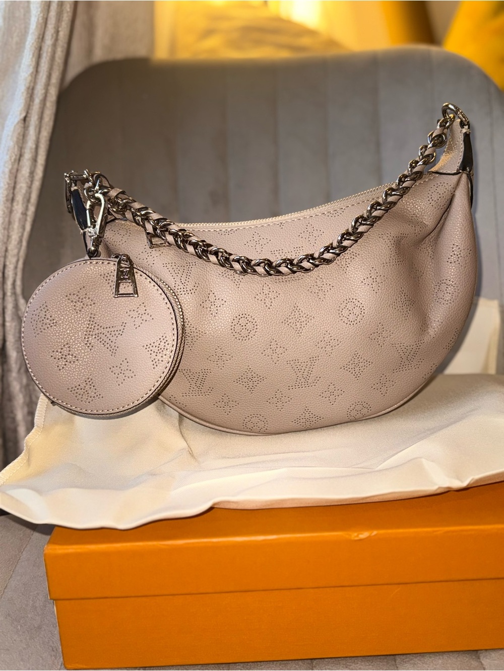 Crescent Shoulder Bag in Light Taupe with Chain Strap